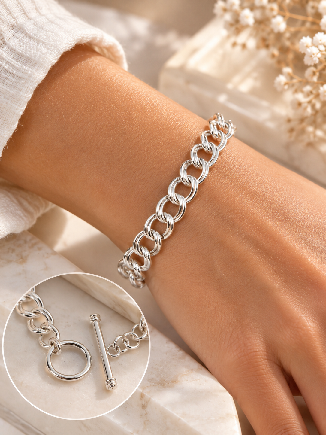 Pulsera Vínculo de plata 925 con eslabones dobles y cierre de barra y aro