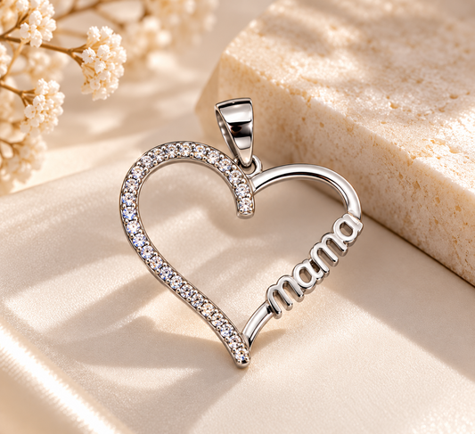 Colgante corazón de plata 925 rodiada con circonitas y palabra mama