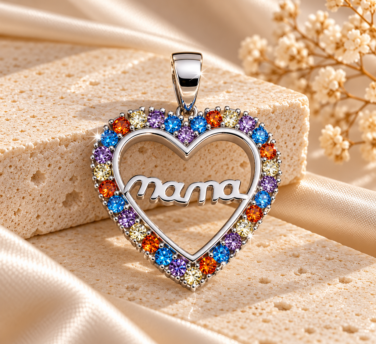 Colgante de plata 925 rodiada en forma de corazón con circonitas multicolor y palabra mama