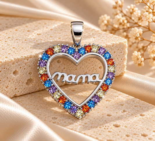 Colgante de plata 925 rodiada en forma de corazón con circonitas multicolor y palabra mama