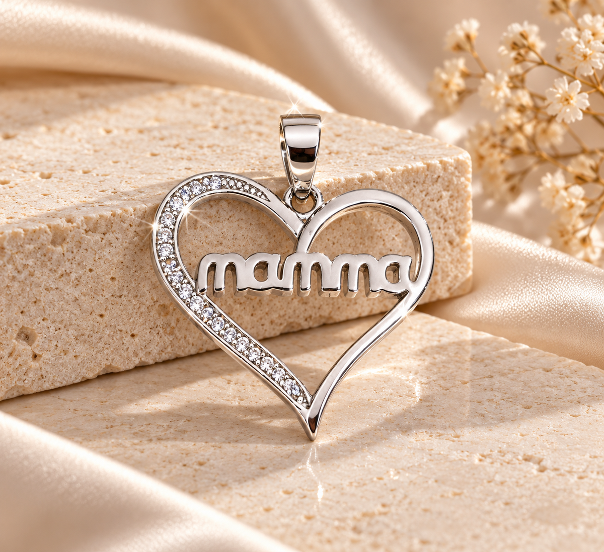 Colgante corazón de plata 925 rodiada con circonitas y palabra mama