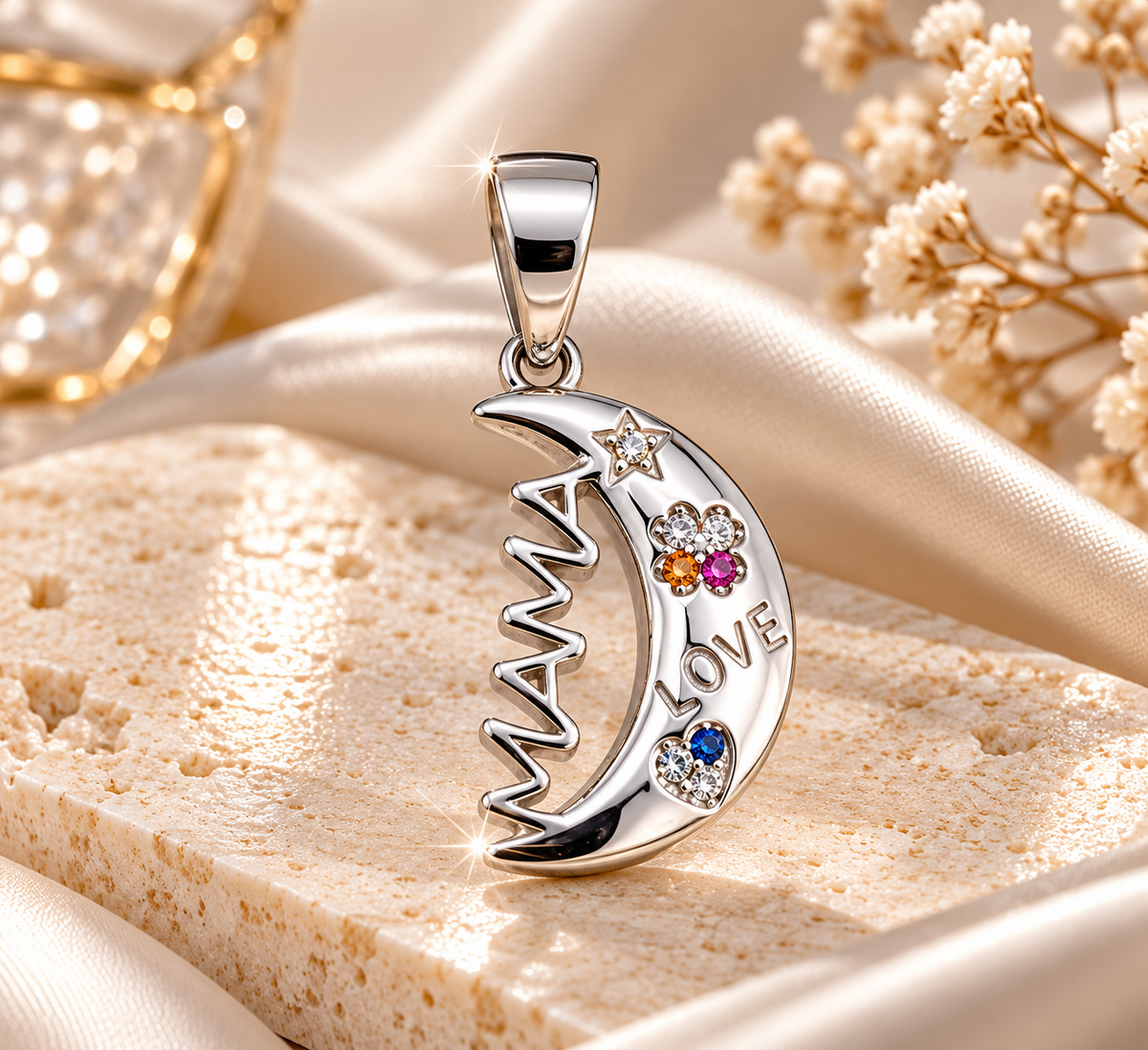 Colgante de luna de plata 925 con circonitas y palabra mama