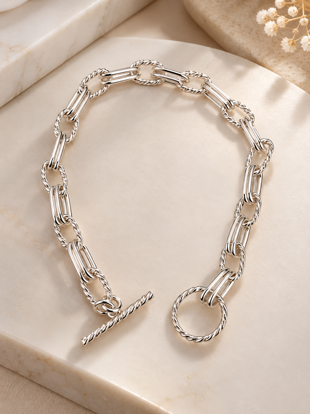 Pulsera Cabo de plata 925 con eslabones lisos y trenzados y cierre de barra y aro