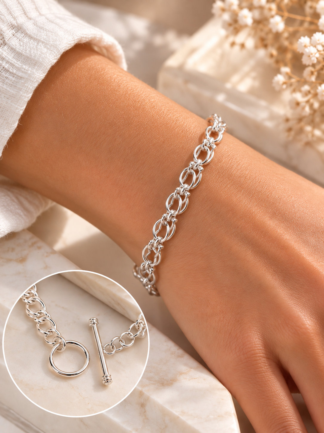 Pulsera Lazos de plata 925 con detalle del cierre de barra y aro